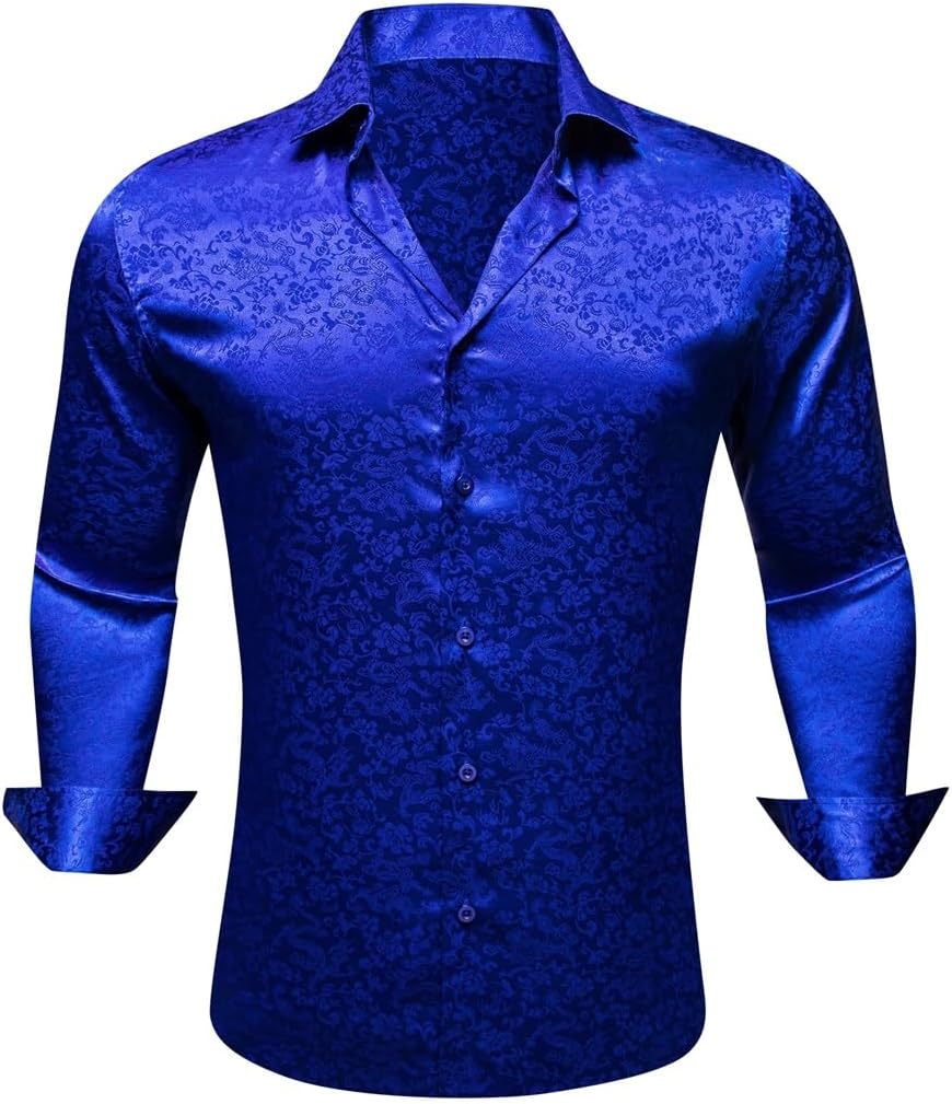 Men Silk Satin Long Sleeve Royal Flower Male Blouses Casual Lapel Tops Breathable Streetwear