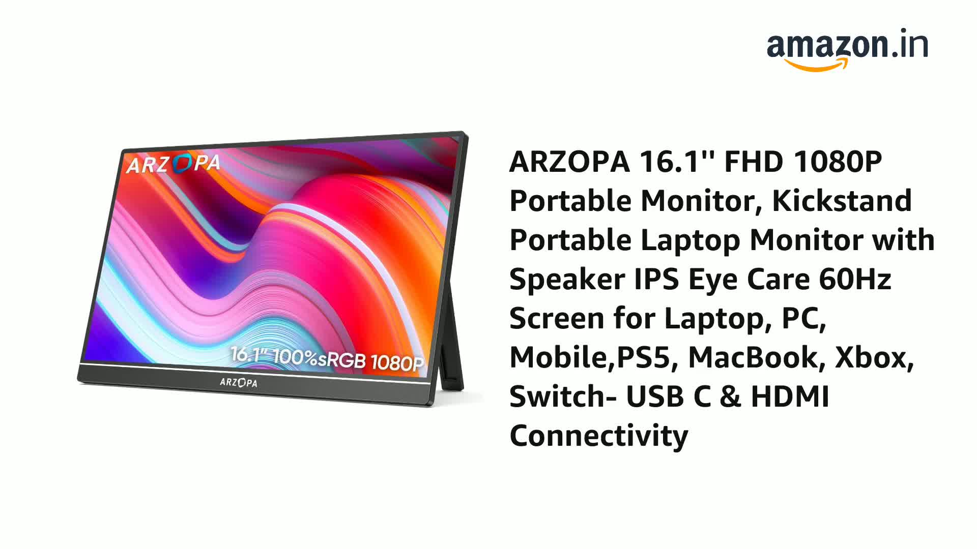 ARZOPA 16.1'' FHD 1080P Portable Monitor, Kickstand Portable