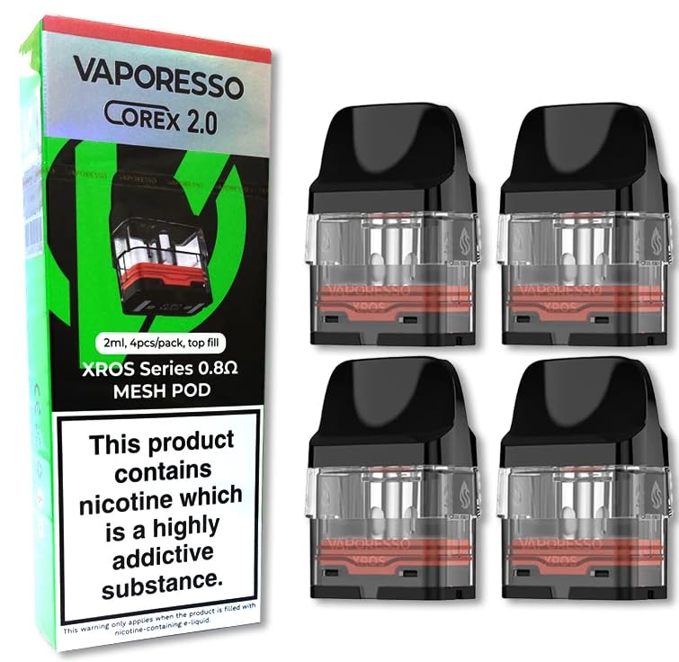 Xros Series Pods Corex 2.0 Pods compatible with XROS 4, 4 Mini, Xros 3 Nano 3 Mini 3 and 2 kits MTL 2ML - No Nicotine Compatible with Vaporesso - Vape Starter Kit - No Nicotine (0.8ohm - Pack of 4)