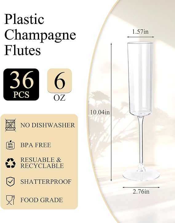 Ciaell 36 Pack Plastic Champagne Flutes - 6 Oz Disposable Champagne Glasses - Square Clear Plastic Toasting Glasses for Party Birthday Anniversary Wedding
