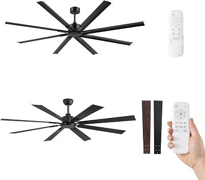 ZMISHIBO 72 Inch And 84 Inch Ceiling Fan No Light, Large Industrial Ceiling Fan with Remote Control 8 Reversible Blades, 3 Downrods, 6-Speeds