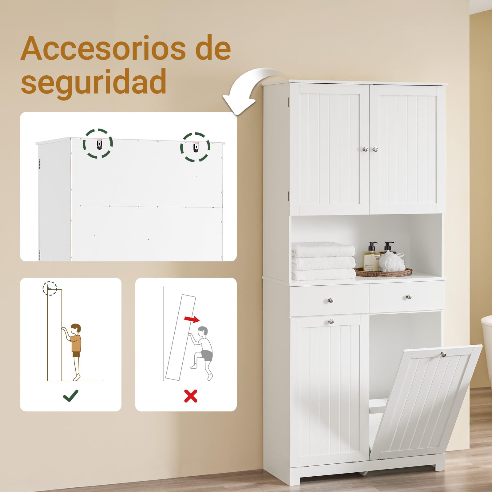 SoBuy Mueble Baño Estrecho Armario Alto Almacenaje 78x38x181cm para Aseo | Con 2 Cestos para Ropa y 2 Cajones Mueble Auxiliar con Estante Abierto BZR215-W