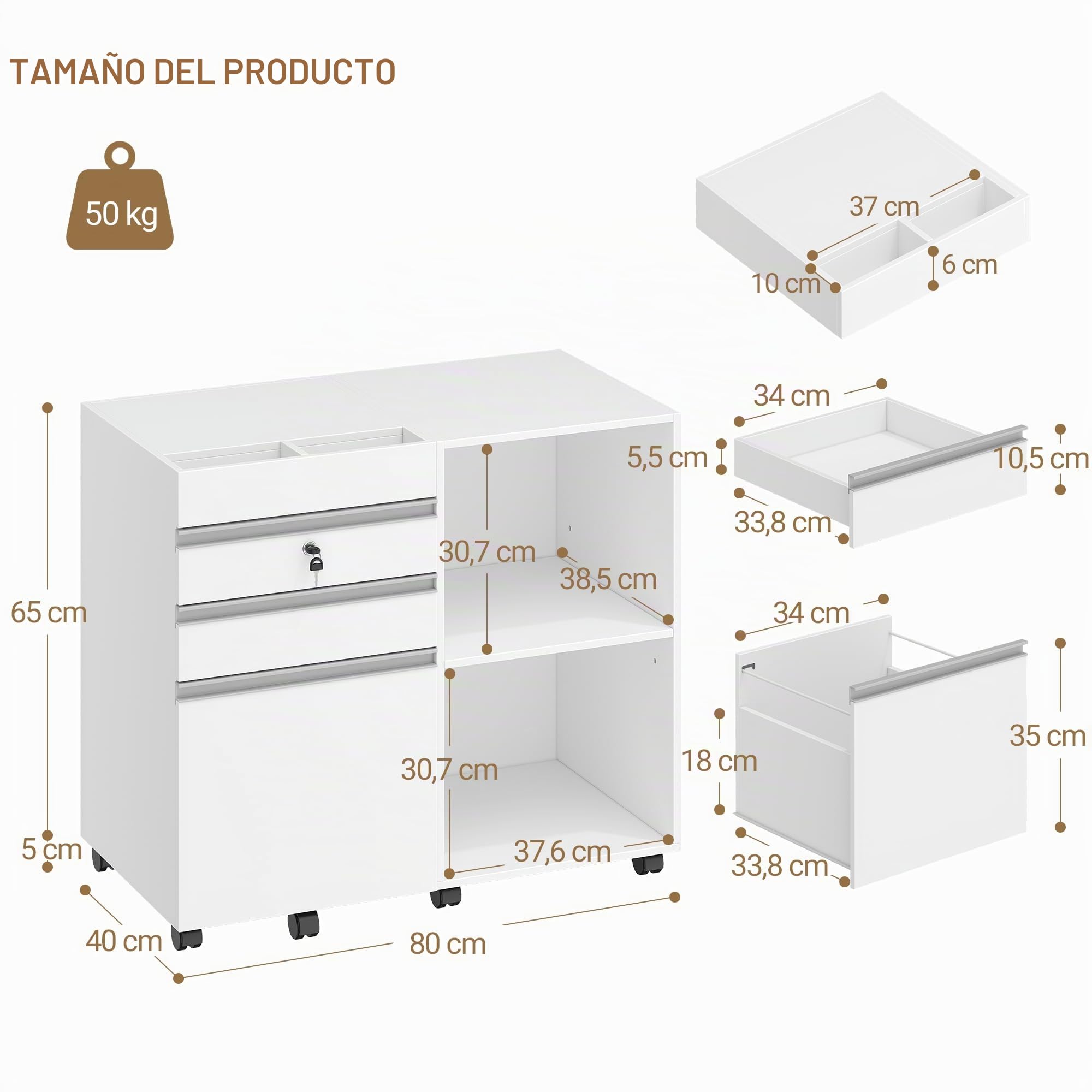 Hzuaneri Cajonera Escritorio, Archivador Móvil con Ruedas, 3 Cajones, 2 Estantes Ajustables, para Estudio, Oficina, Blanco FC42003X