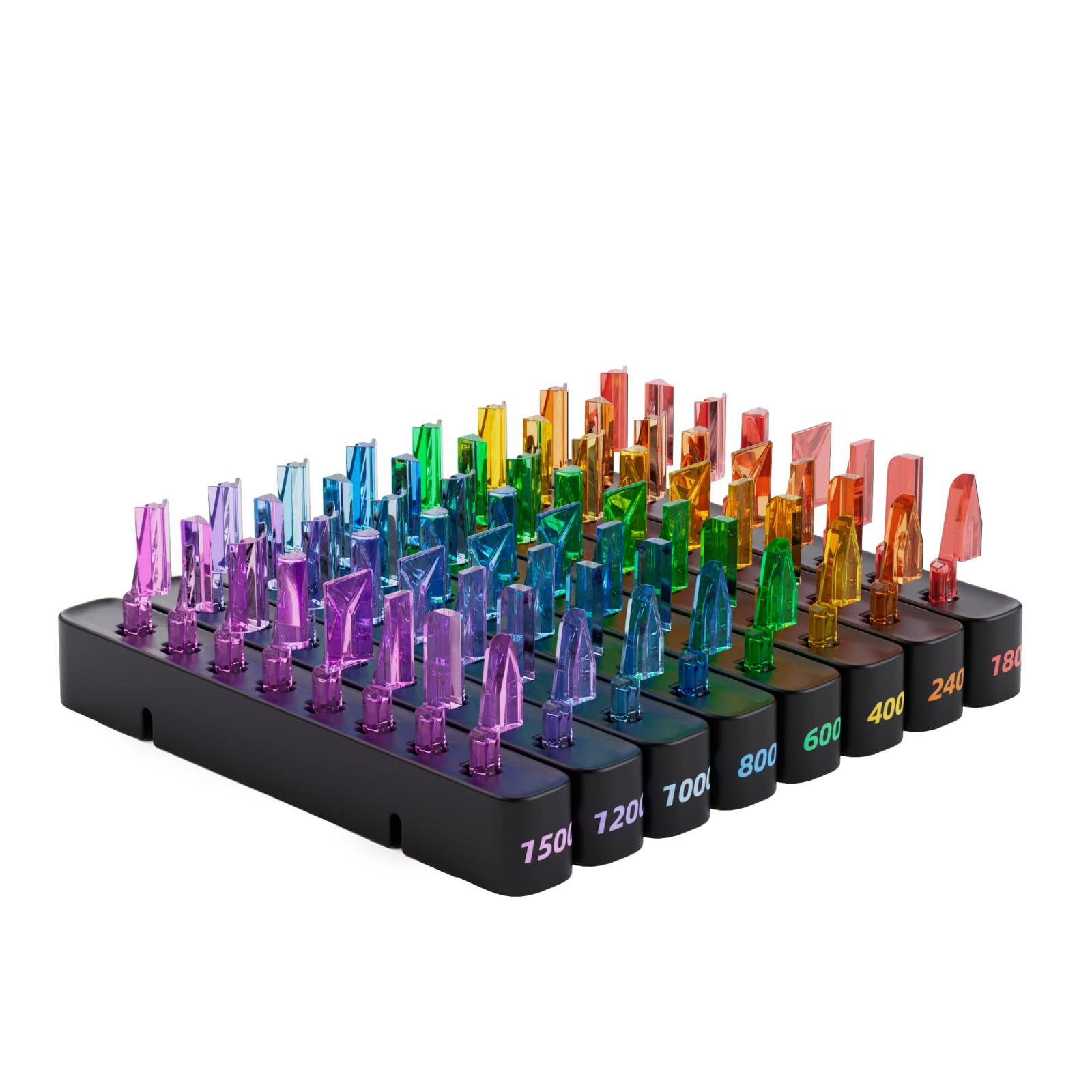 HOZO NeoSander, 64 unidades, colección de cabezales abrasivos multicolores, 8 formas × 8 niveles de grano, sistema codificado por colores (#180-#1500), cabezales de lijado para acabado de precisión