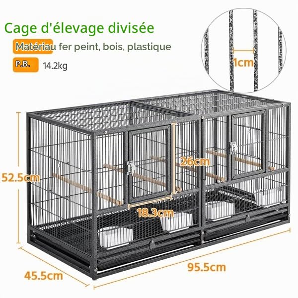 Abician Cage à Oiseaux Large Empilable Cadre en Métal Cage d’élevage Divisée pour Petits Oiseaux Pinson Canaris Perruches 95,5 x 45,5 x 52,5 cm Noir