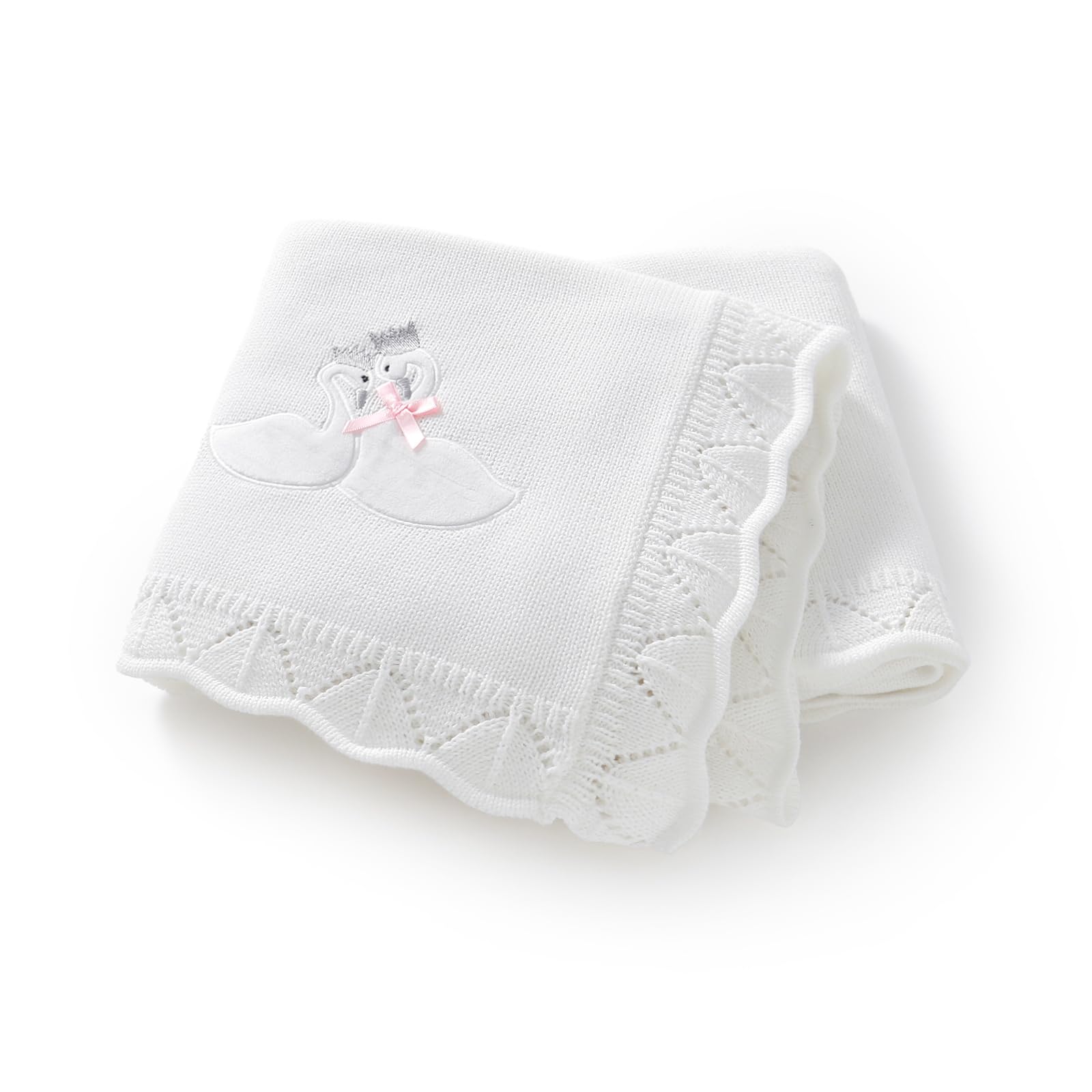 LAWKUL Baby Blanket, Organic Cotton Knitted, Swan Pattern, 100x80 cm, Swaddling Receiving Blanket for Newborn Boys and Girls (White)