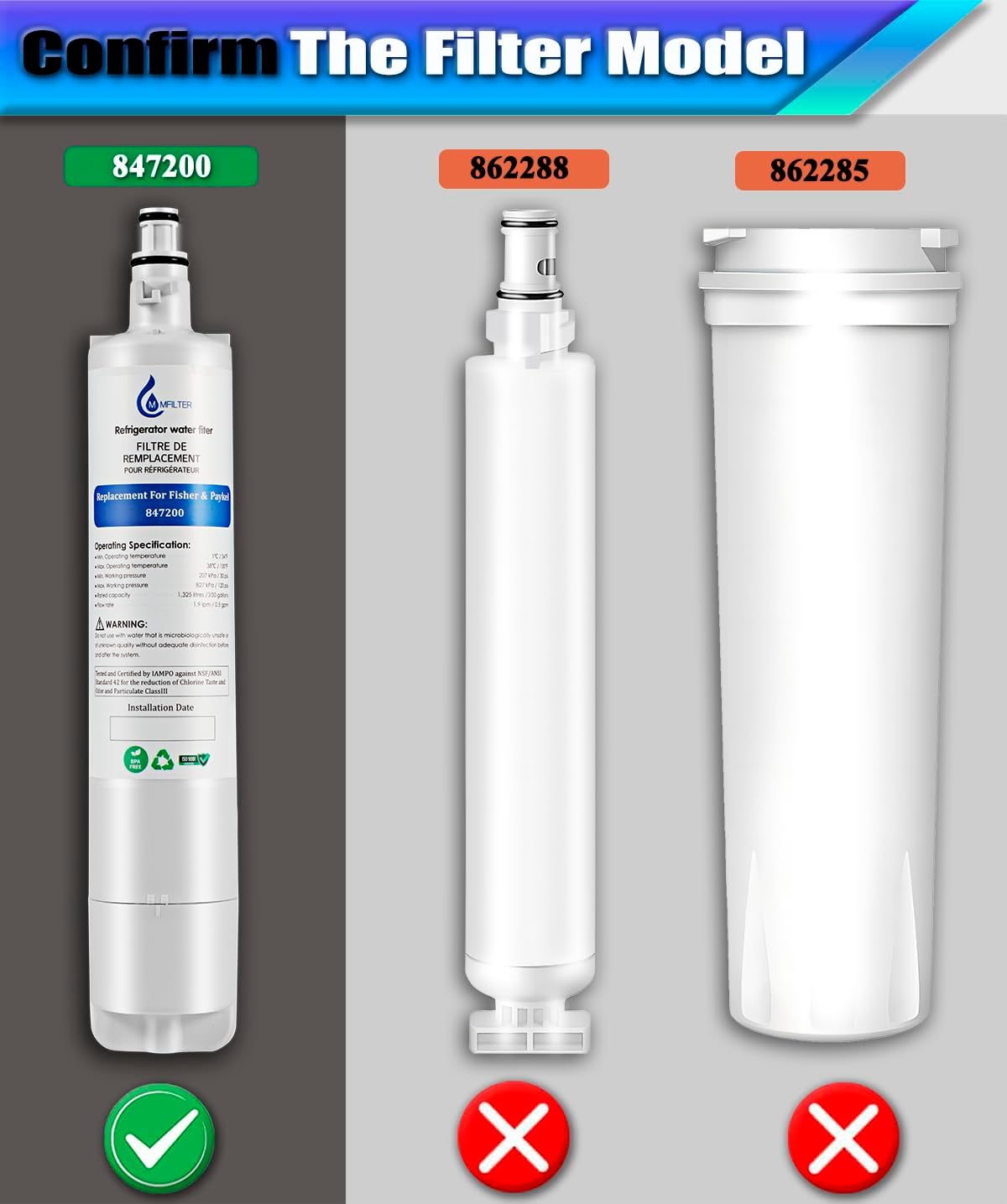 847200 Water Filter Replacement for Fisher & Paykel 847200, Compatible with Fisher & Paykel Refrigerator Model Number E522 E422 E402 (2-PACK)