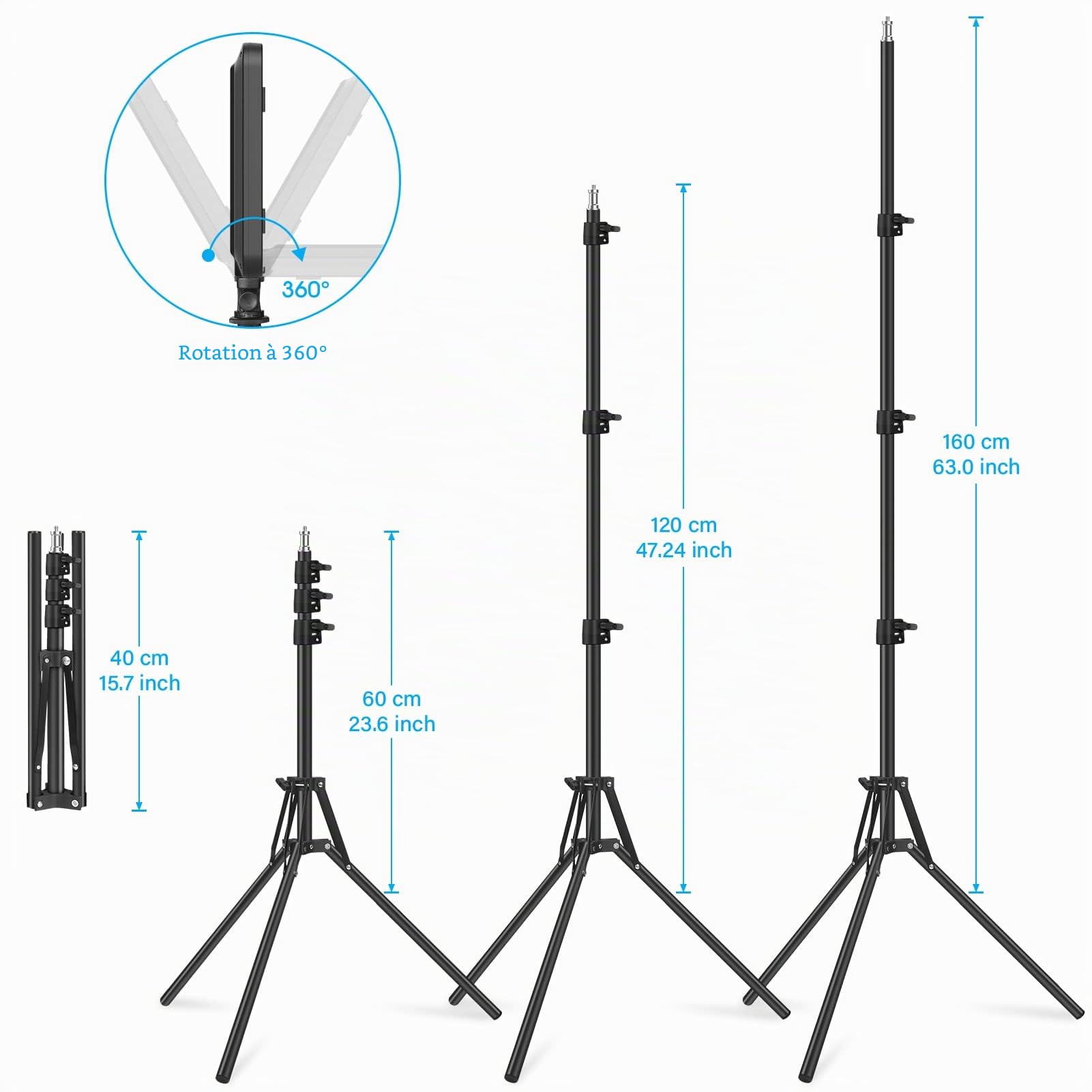 Obeamiu Lot de 2 lampes vidéo LED avec trépied de 160cm, éclairage de studio de photographie à intensité variable 2500-8500K pour l'enregistrement de portrait de collection/diffusion de jeux en direct