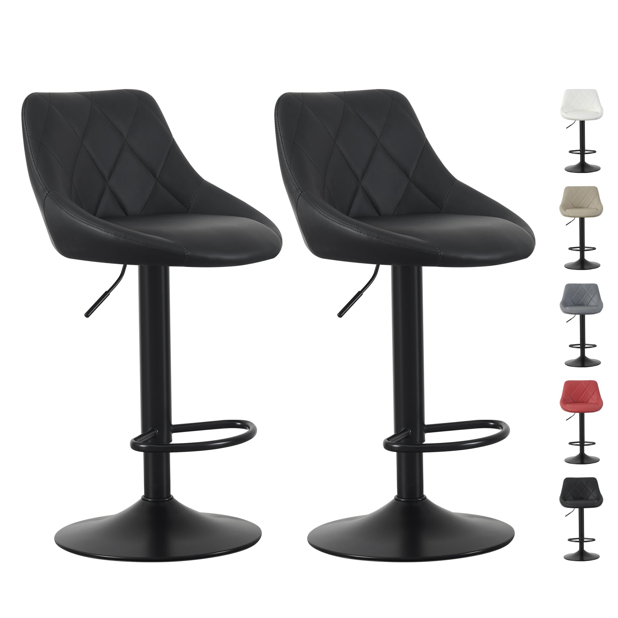 mcc direct Set of 2 Bar Stools, Height Adjustable Swivel Barstools, Counter Stools with Backrest, Faux Leather Seat, Footrest and Metal Base for Home, Kitchen and Restaurant (Black) - Stanley