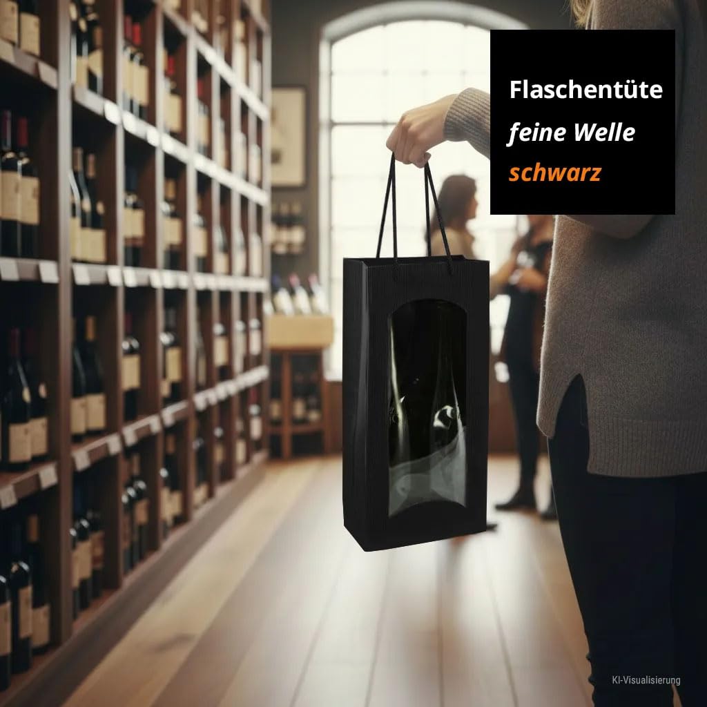 20 Flaschentaschen für 2 Weinflaschen aus Kraftkarton | schwarz | 170 x 85 x 360 mm | mit Sichtfenster & Tragekordel | Geschenkverpackung für Wein-, Sekt- & Spirituosenflaschen