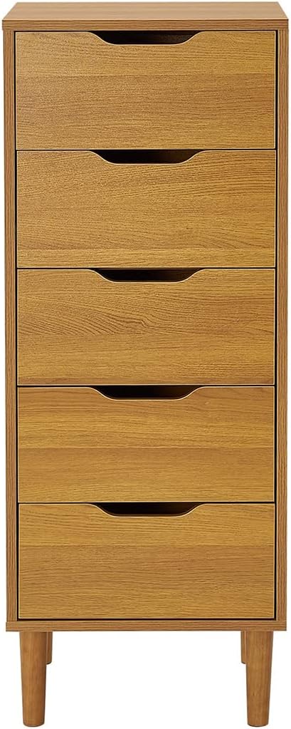 Panana Chest of Drawers, Wood 5 Drawers Cabinet Narrow Storage Organiser Unit with Wooden Legs for Living Room Bedroom Hallway (Oak)