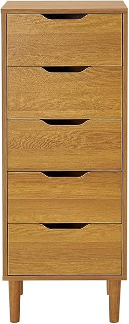 Panana Chest of Drawers, Wood 5 Drawers Cabinet Narrow Storage Organiser Unit with Wooden Legs for Living Room Bedroom Hallway Oak