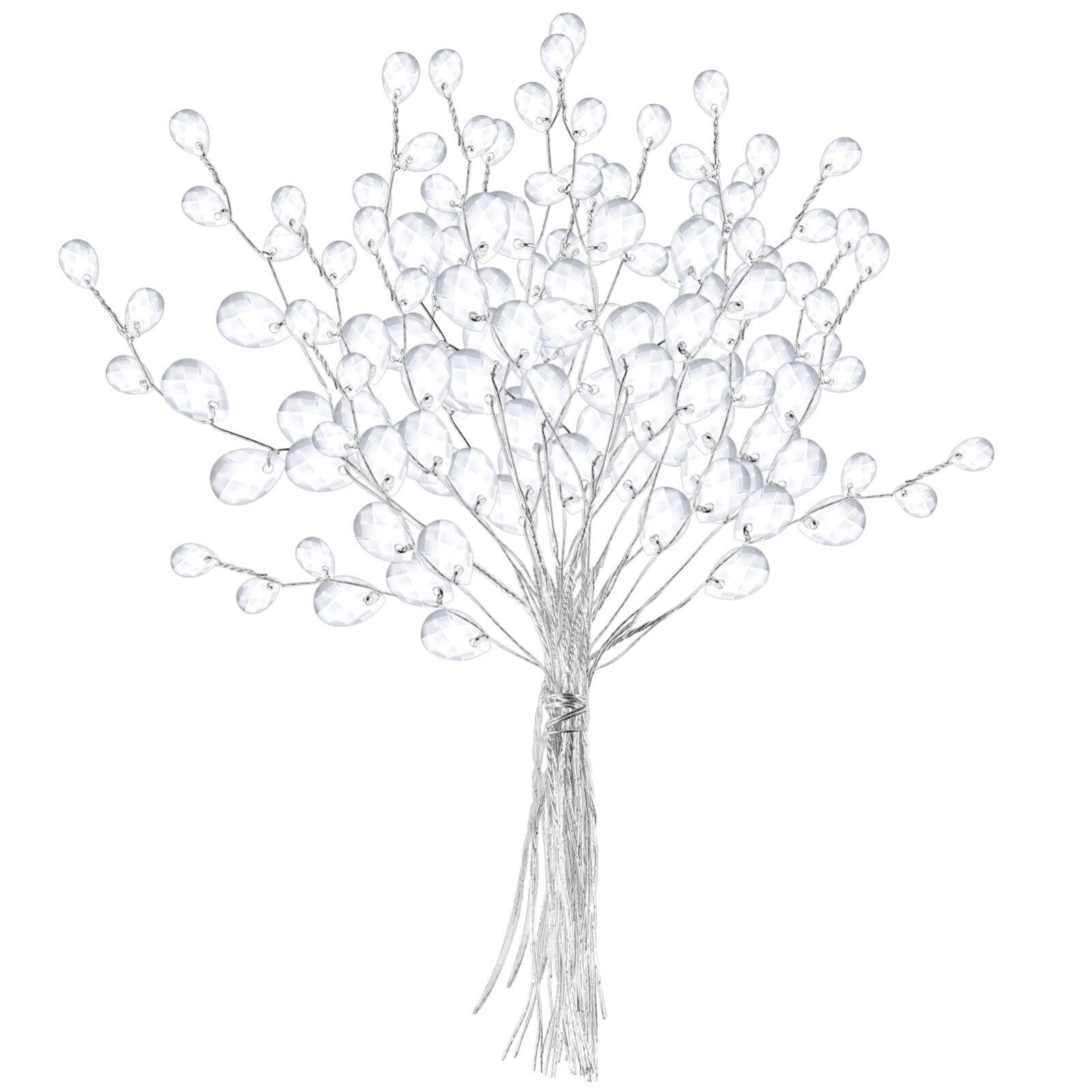 VICASKY 50 Pieces Crystal Bud Branches, Acrylic Water Drop Artificial Bouquet, Wire Stems Simulation Flowers Twigs Floral Beaded Sticks Pearl String for Wedding Party Table Centerpiece Home Decor