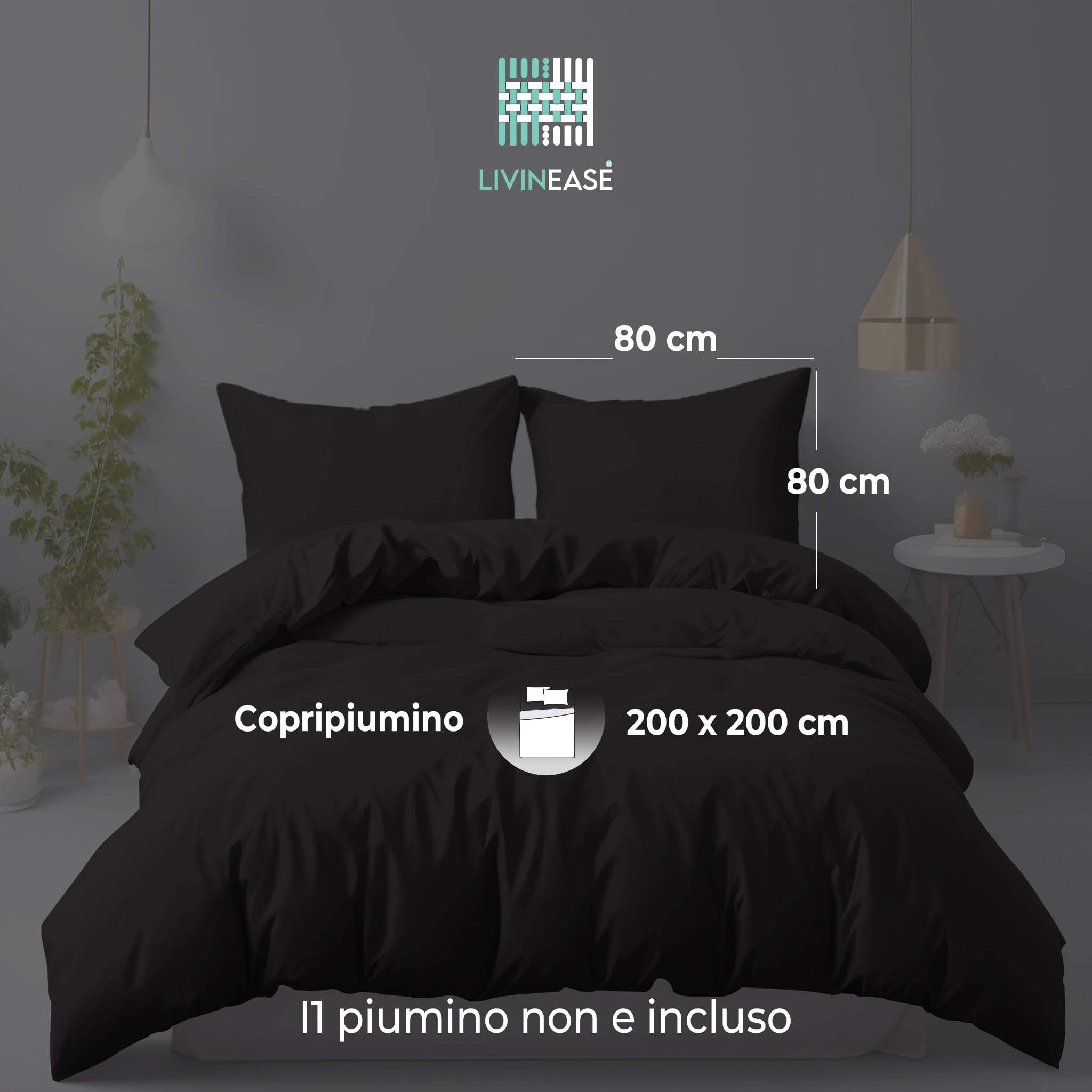 LivinEase Set Copripiumino Una Piazza e Mezza - Microfibra Copripiumino 200x200cm + Federe 80x80cm - Copripiumino Nero