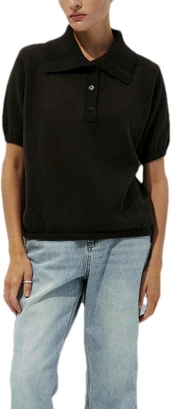 Wanzetaly Womens Summer Puff Short Sleeve Sweater Top Button Down Hollow Out Polo V Neck Shirts Blouses
