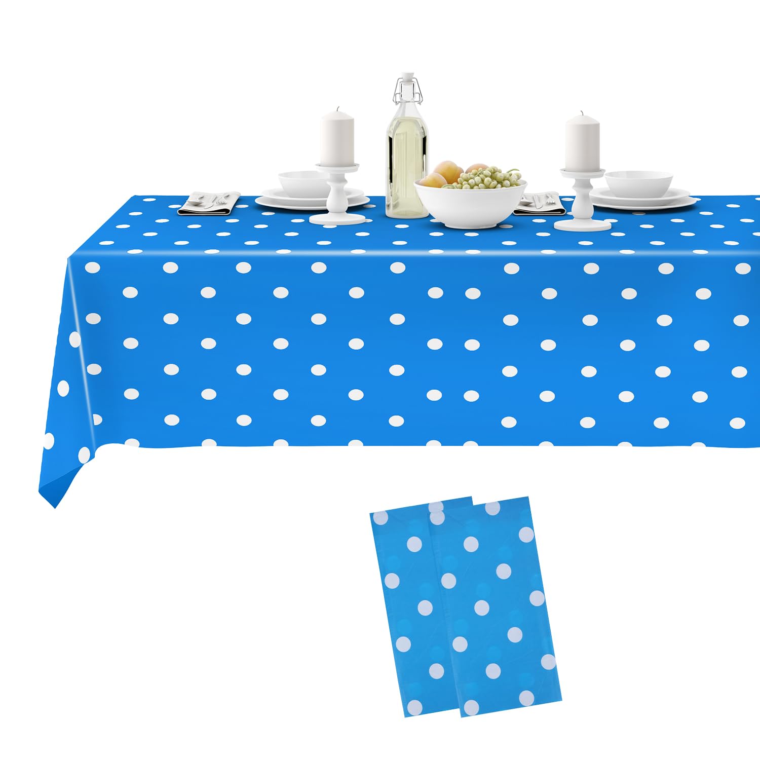 Trimming Shop Plastic Disposable Tablecloths, 2 Pack Party Table Cover, Blue Polka Dot Confetti Rectangular Table Cloths for Parties, Picnic, Christmas, Birthday, Baby Shower Decorations 54" x 108"