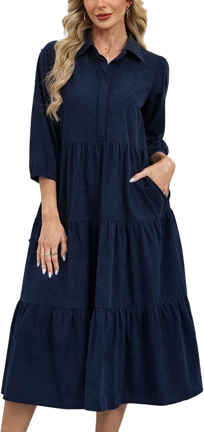 Women’s Corduroy Maxi Shirt Dress Button Up 3/4 Sleeve Flowy Tiered Ruffle Hem Casual Spring Long Dress with Pockets