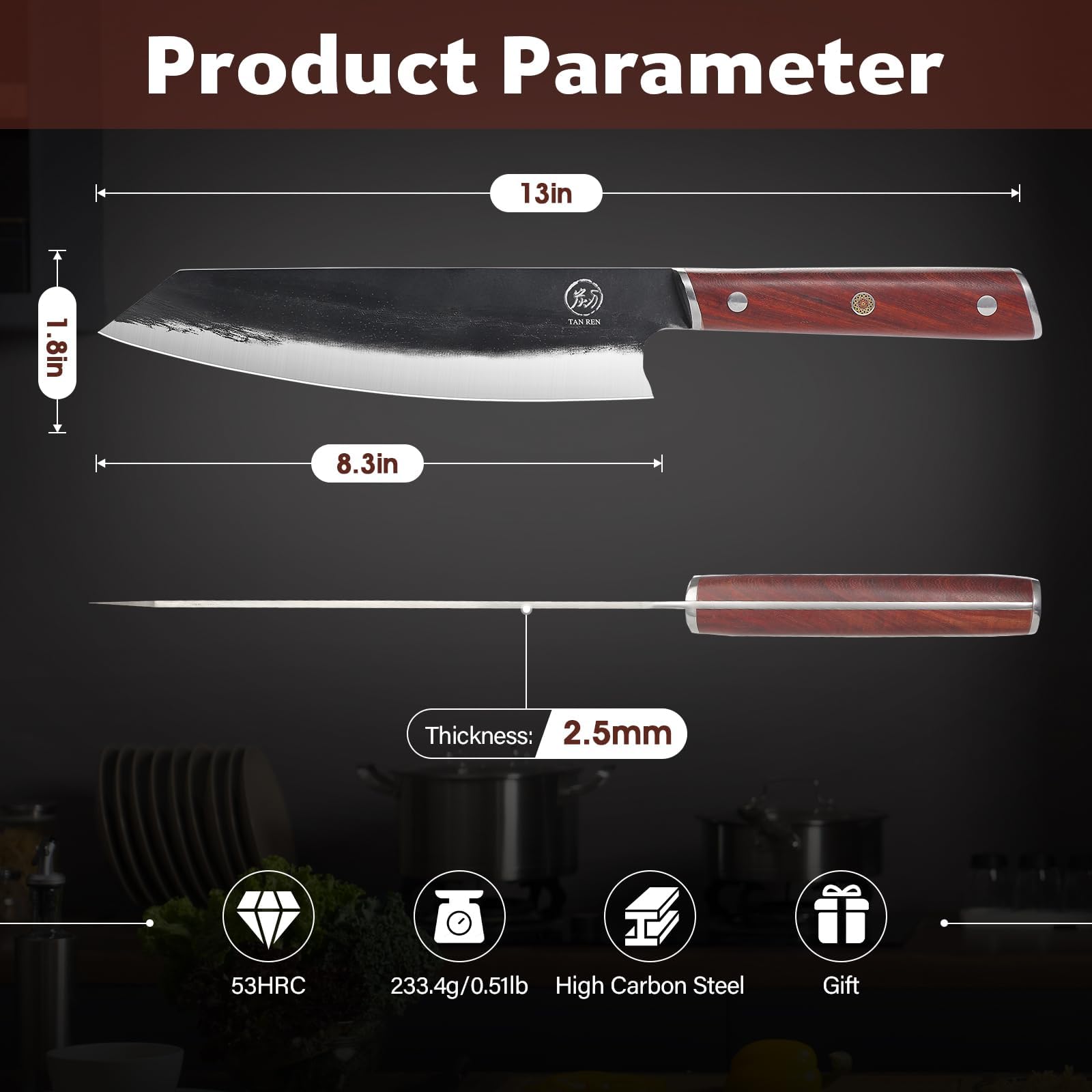 TAN REN Coltelli da Chef, 33 cm coltelli da chef professionali, Coltelli da Chef Santoku acciaio al Carbonio, coltello da cucina giapponese Coltello Chef per Casa/Ristorante