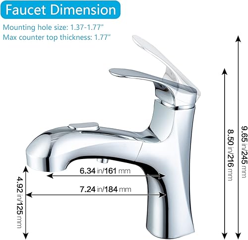 Miniatura 5 de MIAOHUI Grifo de baño extraíble cromado, grifo de lavabo de baño de un solo orificio con 3 modos de rociador, grifo de tocador moderno de una manija