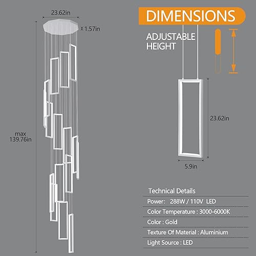 Miniatura 61 de Lámpara colgante moderna para isla de cocina, regulable, color negro, 54 W, luces colgantes LED, 4 anillos, candelabros rectangulares, escalera