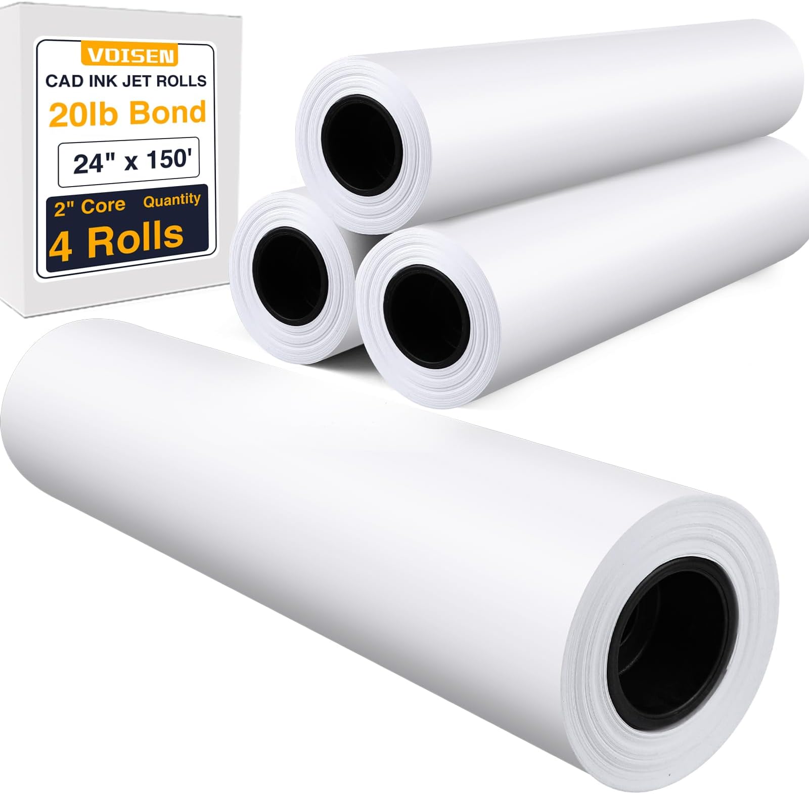 Wide Format Paper,4 Rolls Plotter Paper 24 In x 150 Ft, CAD Bond Rolls,20lb,Bond Paper on 2" Core for CAD Printing on Wide Format Ink Jet Printers