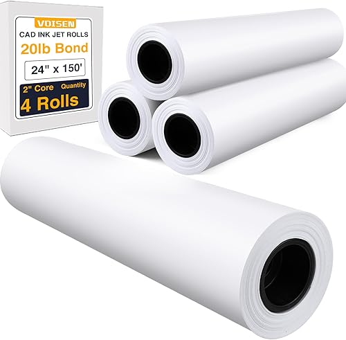 VOISEN Papel de formato ancho, 4 rollos de papel trazador de 24 pulgadas x 150 pies, rollos de bonos CAD, 20 libras, papel de enlace en núcleo de 2