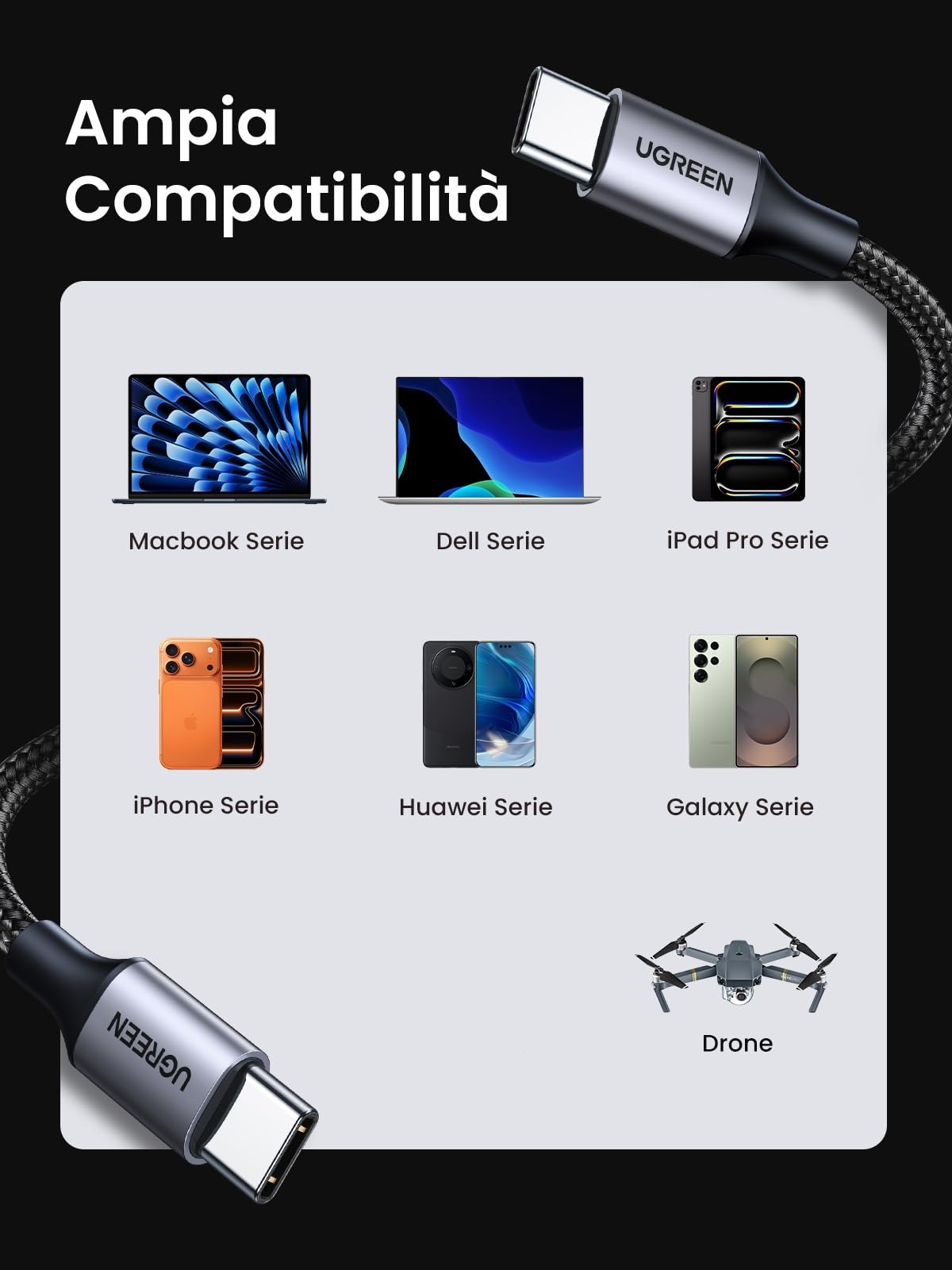 UGREEN Cavo USB C PD 60W, Cable Type C Compatible con iPhone 17 Pro Max Air/16/15 Plus Pro Max, iPad Air, Galaxy S25/S24/S23/S22/A54, Redmi, Pixel 9/8/7, PS5, Drone, ecc 3M