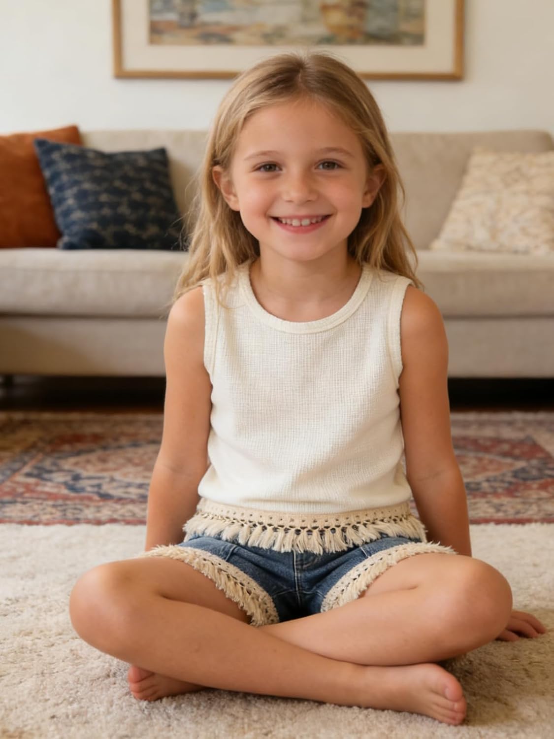 4-8 Years Girls Short Set 2 Piece Sleeveless Fringe Trim Top & Washed Denim Short Summer Clothing Outfits Set - Image 9