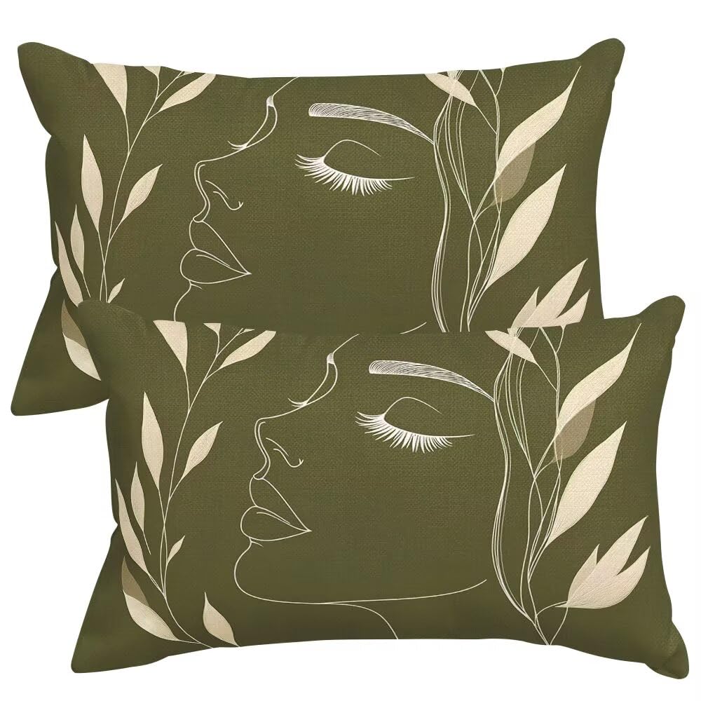 Cushion Covers 50cm x 80cm Olive Green Cushion Cover 20 x 32 Inches Pack of 2 Throw Pillow Covers Abstract Sofa Cushions Polyester Linen Pillowcases for Couch Living Room Bedroom Home Decor -SC459