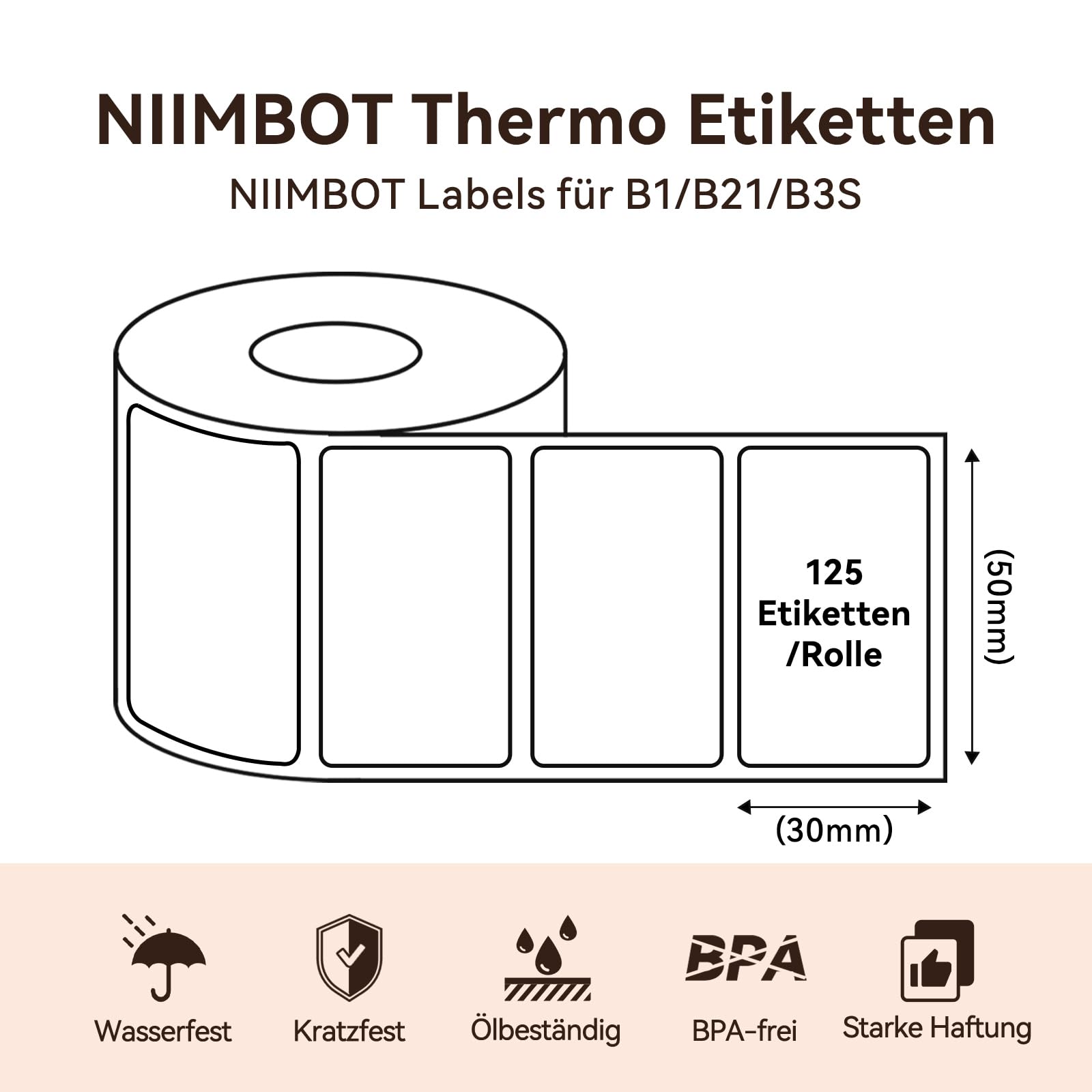 NIIMBOT Etichette termiche autoadesive, B1/B21/B3S, nastro di carta per scuola, casa, ufficio, piccole imprese (trasparente rettangolo-50 x 30 mm)