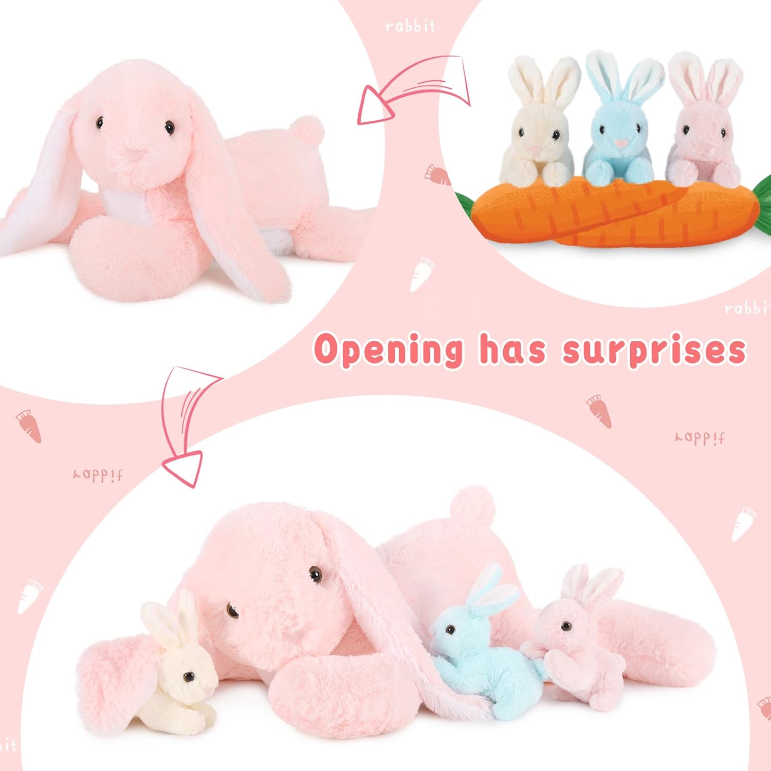 Big Pink Bunny Stuffed Animal 24" - Large Easter Stuffed Bunny Rabbit Plush Toy Gifts for Girls Baby - Plushy Mommy Bunny Surprise with 3 Babies Inside