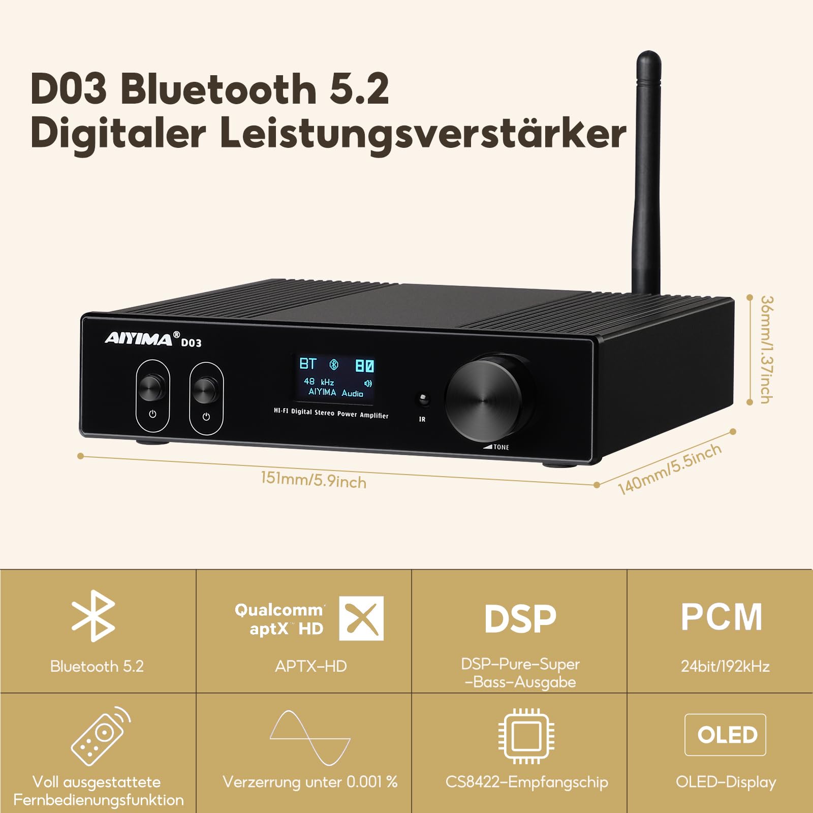 AIYIMA D03 Bluetooth 5.2 Digital-Verstärker 150Wx2 Stereo HiFi 2.0/2.1 CH Desktop Sound Amplificador 24Bit/192kHz Class D Power Amplifier USB DAC Coaxial Optical OLED AptX Support Subwoofer