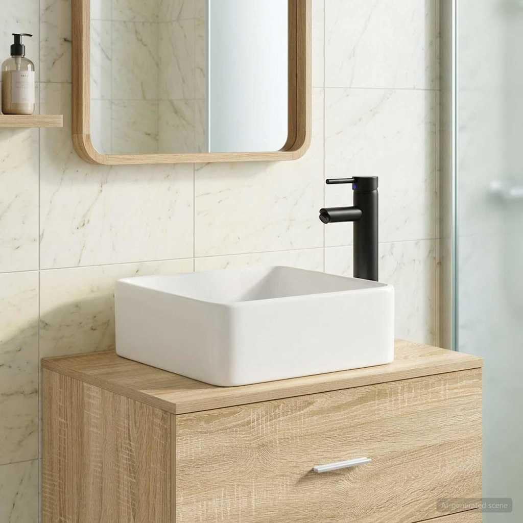Matt Schwarz Metall Waschbecken mit integriertem Wasserhahn und Ablauf 36,5 x 36,5 x 13 cm für Badezimmer, Gäste WC, platzsparend für Waschplatz
