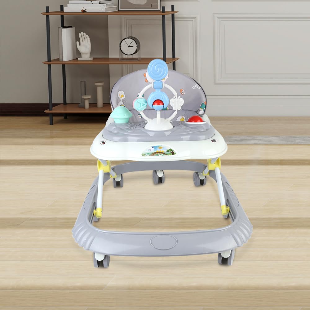Girello pieghevole per bambini, girello per bambini, con vassoio di attività musicali rimovibile, stazione di gioco elettronica rimovibile con luci e melodie, altezza regolabile (grigio)
