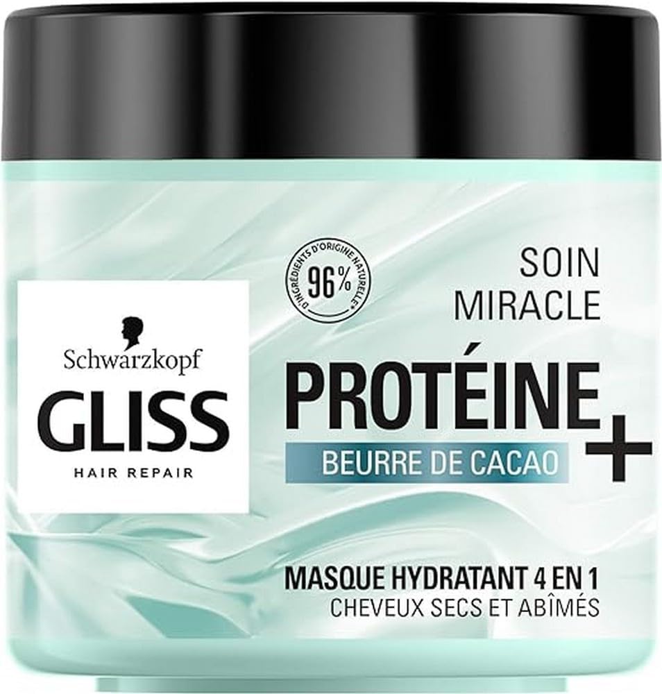 Schwarzkopf – Gliss – Masque Soin Miracle Hydratant 4 en 1 – Cheveux secs et abîmés – Soin capillaire – 96% d&rsquo;ingrédients d&rsquo;origine naturelle – Pot 400 ml