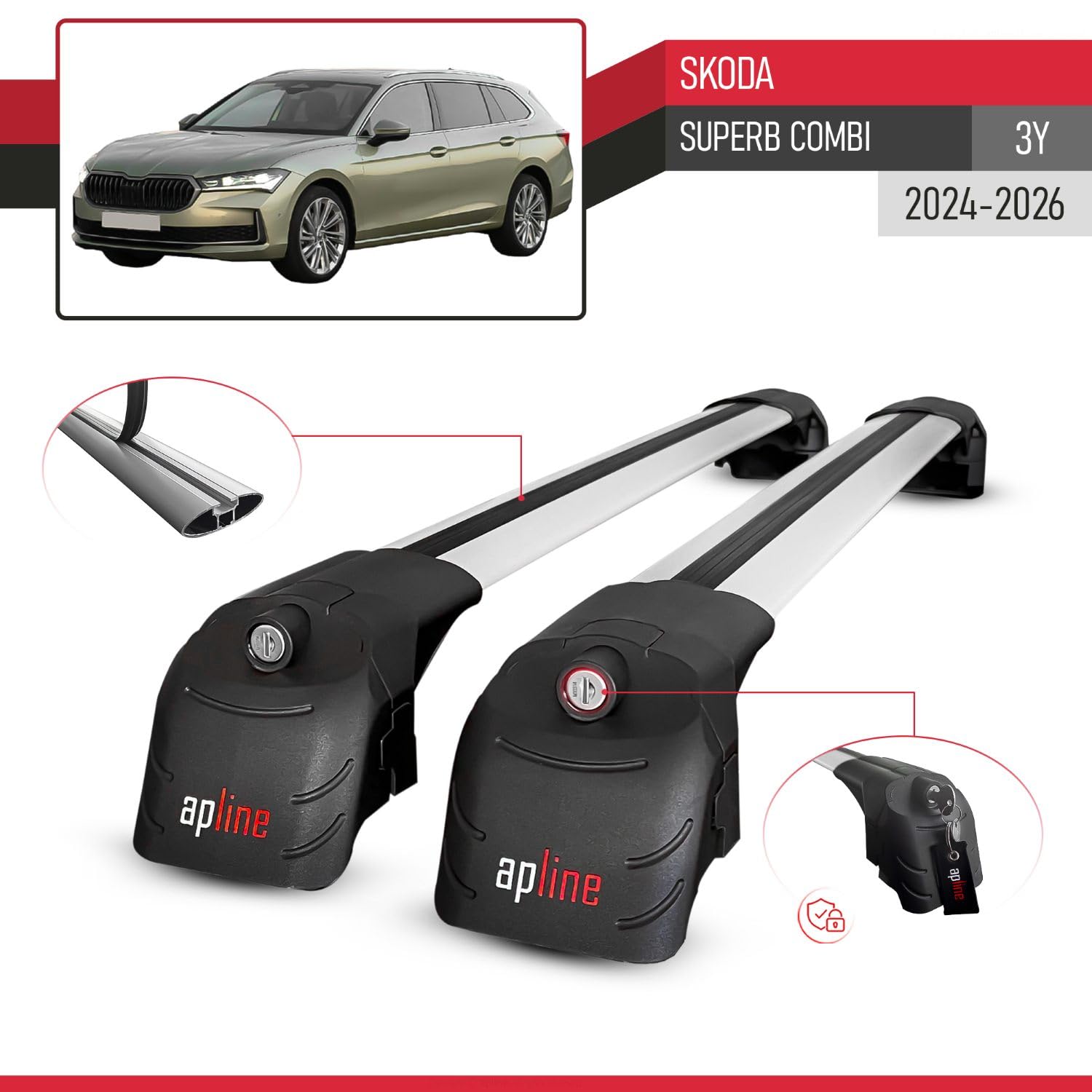 Compatibile con Skoda Superb Combi (3Y) 2024-2026 Modello ACE-2 Barre Tetto Portapacchi Auto Barre Portatutto Grigio Alluminio 2 Barre