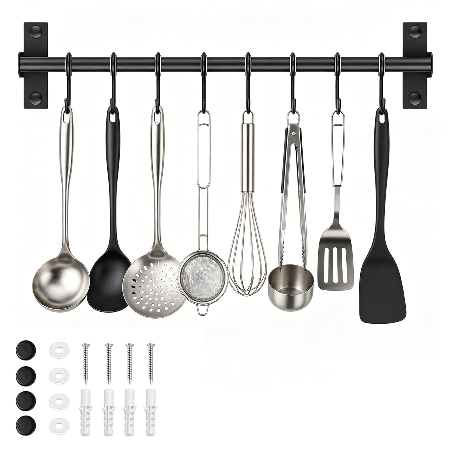 Meetoz Black Kitchen Utensil Holder Hanger, 40Cm Utensil Rack, Wall-Mounted Hanging Bar Rail With 10 Removable S Hooks For Family Kitchen & Bathroom, Cooking Utensils, Towels, Small Items, Coated Steel