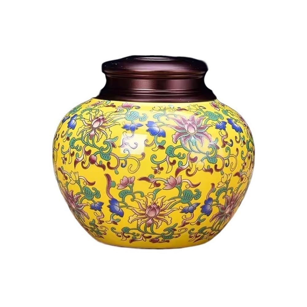 CHENGAIJIAN Tea Canister Ceramic Enamel Painted Tea Canisters Metal Lid Sealed Storage Jar Household Empty Porcelain(Yellow)