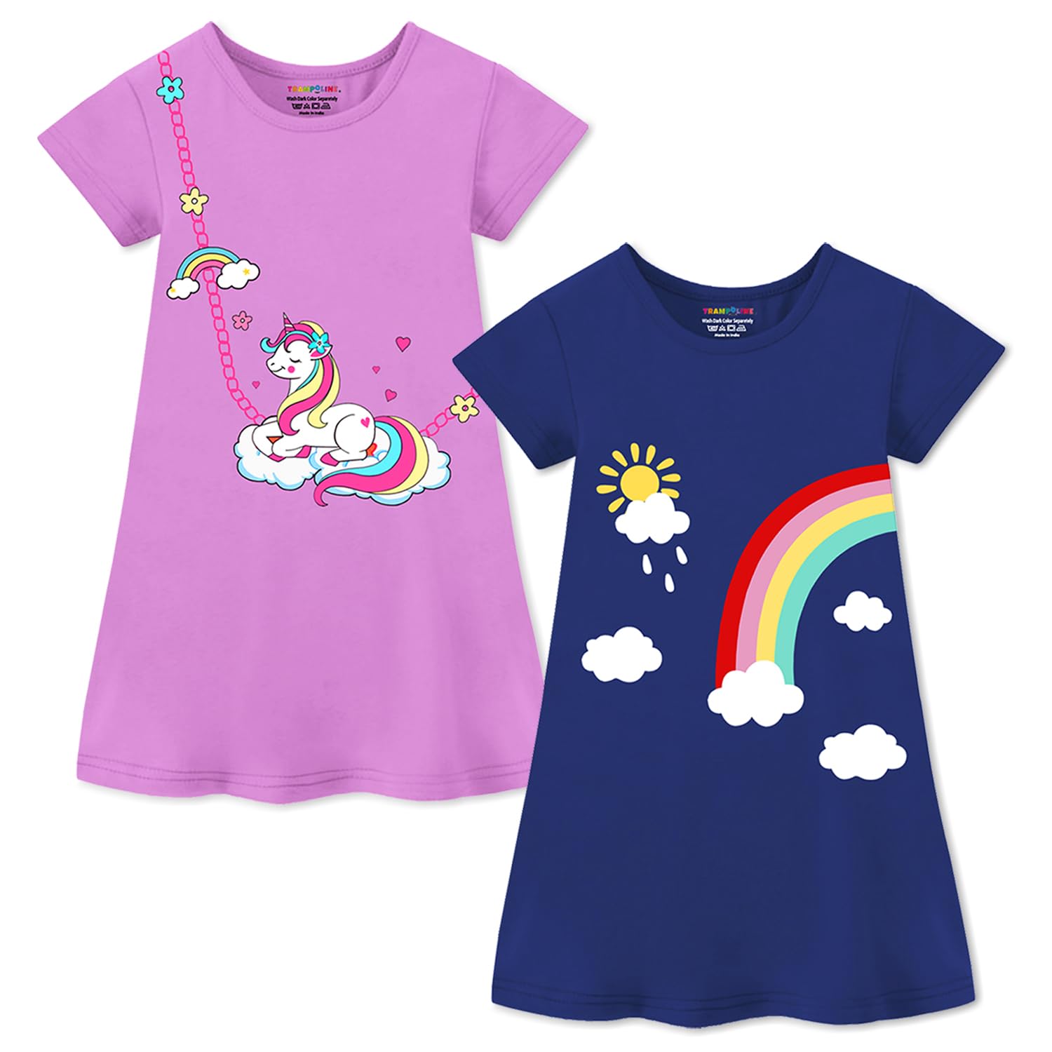 Trampoline Girls Midi Dress Combo | Half Sleeve Cotton Dresses with Fun Prints | Soft & Stylish Everyday Outfits for Kids | Pack of 2