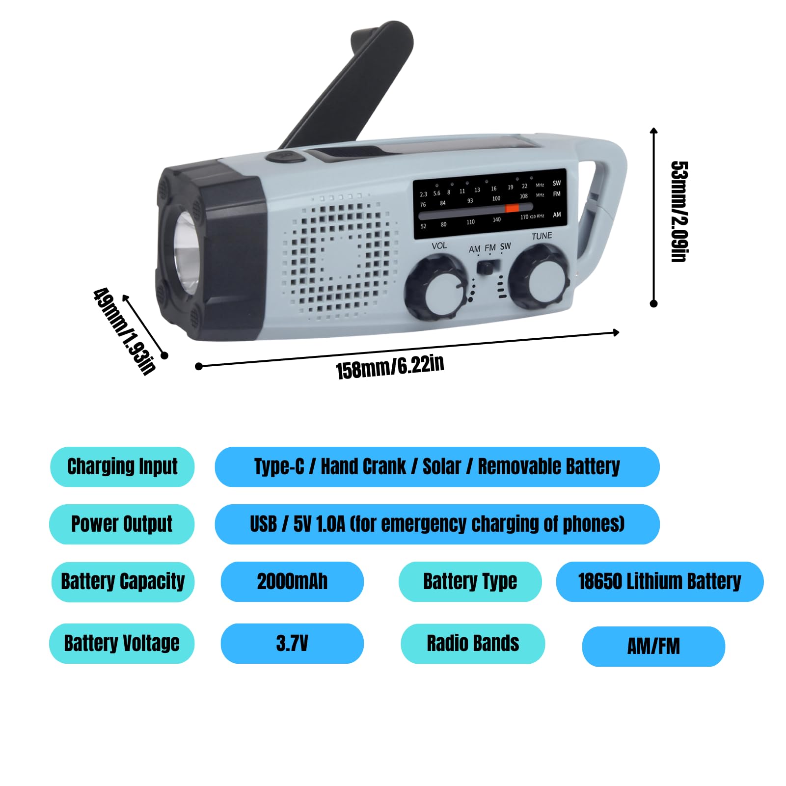 Radio de Emergencia Portátil Radio de Manivela con Linterna LED Alarma SOS Am FM 2000mAh Power Bank USB para Acampada Invernal Emergencias Invernales Regalos Unisex