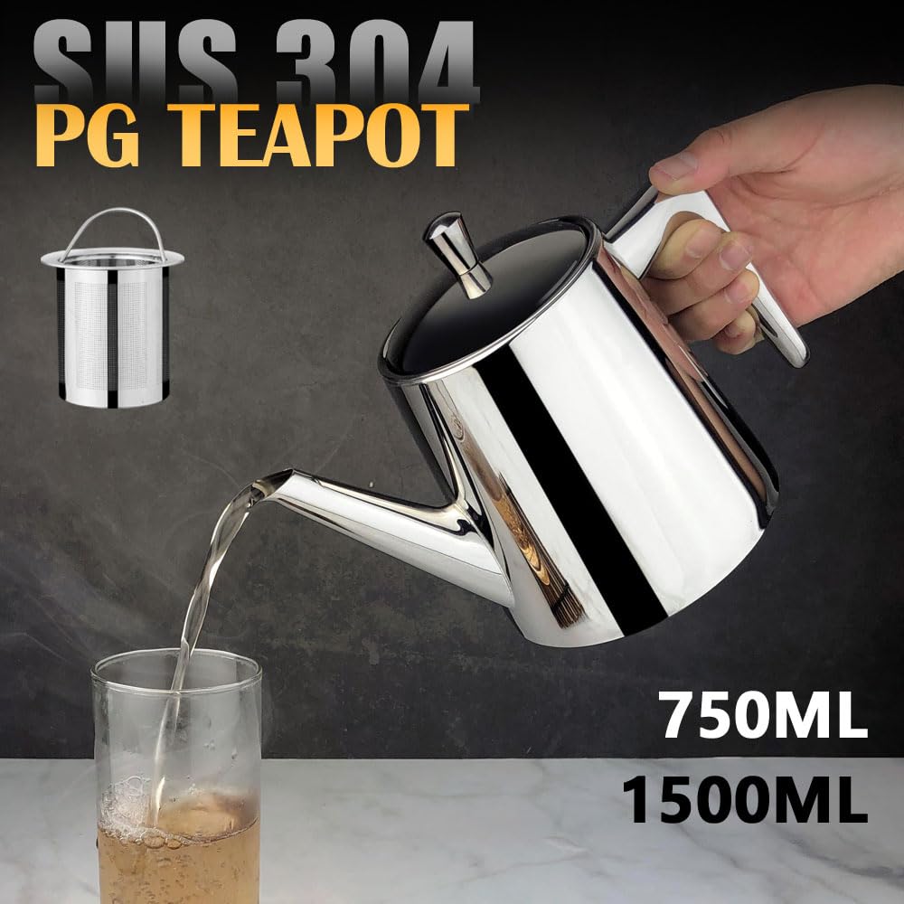 Tetera de acero inoxidable 304 de larga tensión de gran capacidad con infusor y filtro extraíble para el hogar, restaurante, oficina, vajilla, accesorios (1500 ml)