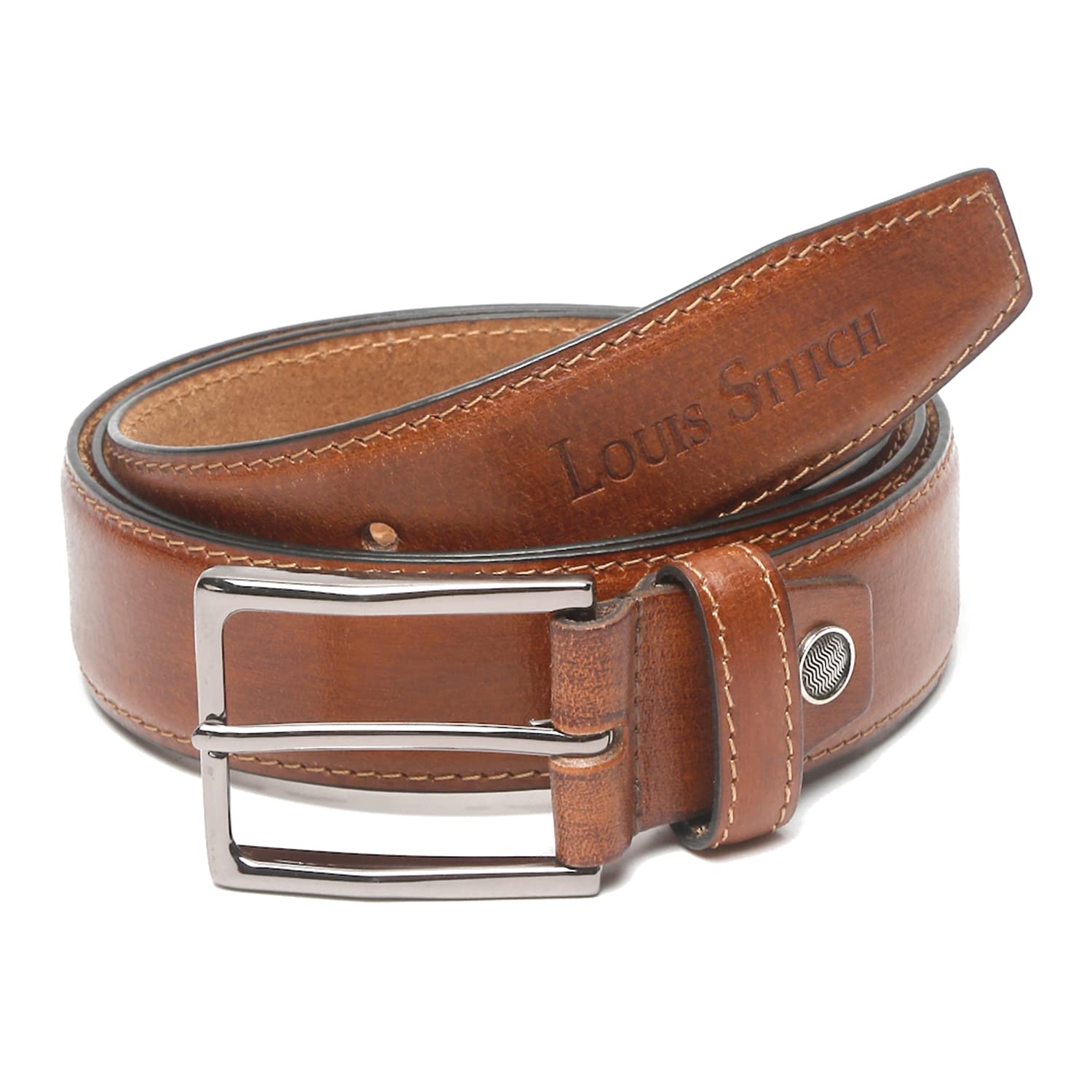 LOUIS STITCH Men's Russet Tan Italian Leather Belt Hand Finished Nickel Free Metal Buckle 1.4 Inch 35 mm Premium Casual Belts for Men (Size- 42) (CAHF)