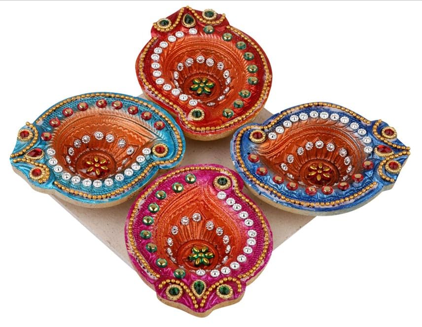 Image of Frizka Diwali Mumbai Famous Koliwada Decorative Assorted Diya Design Set of 4 Handmade Decorative Diyas Premium Design Box Packing 3.5 inch