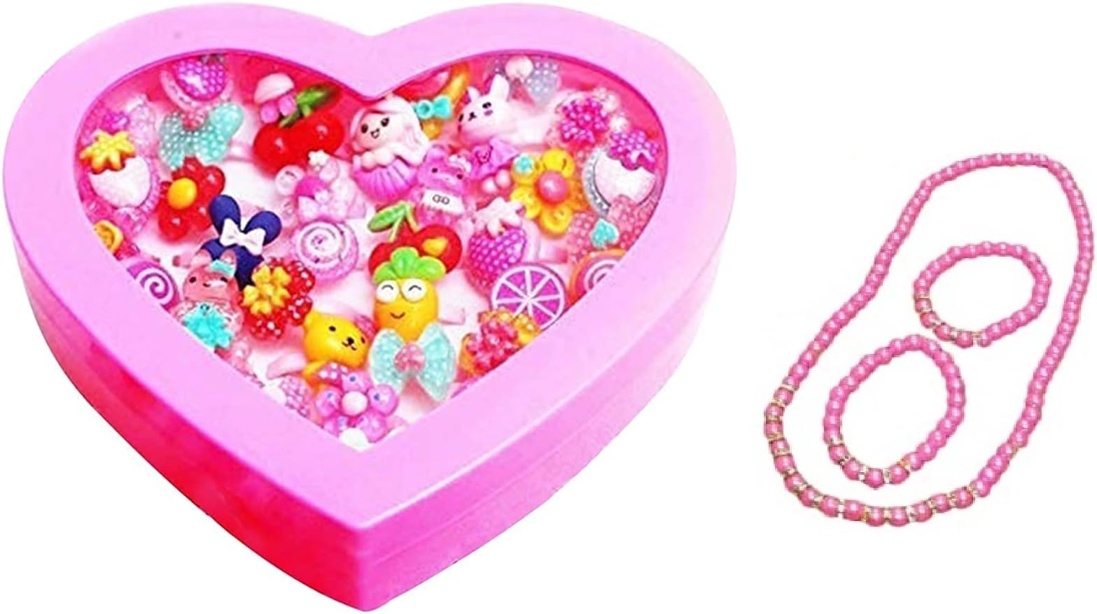 TAHERA Girls Kids Gift Play Toy Fancy Finger Rings for Rakhi and Birthday Gifts Comes in Pink Heart Shape Gift Box FREE !!! Bracelet Inside. (36 Rings + 2 Bracelets + 1 Mala)