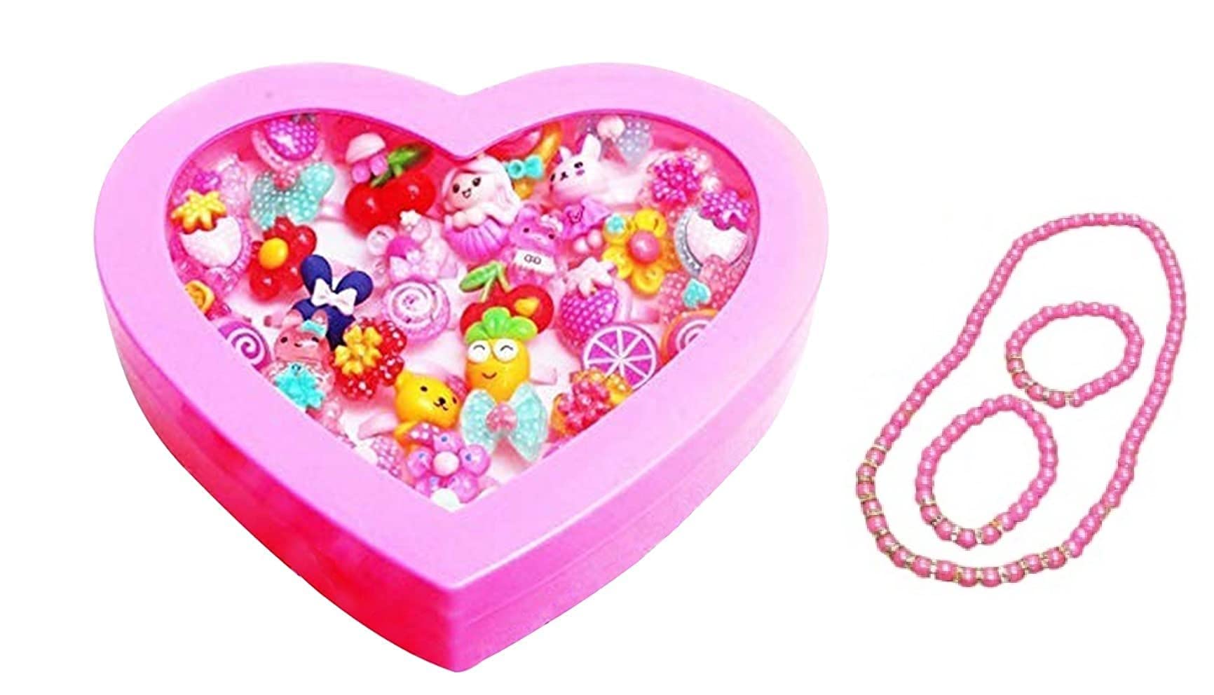 TAHERA Girls Kids Gift Play Toy Fancy Finger Rings for Rakhi and Birthday Gifts Comes in Pink Heart Shape Gift Box FREE !!! Bracelet Inside. (36 Rings + 2 Bracelets + 1 Mala)