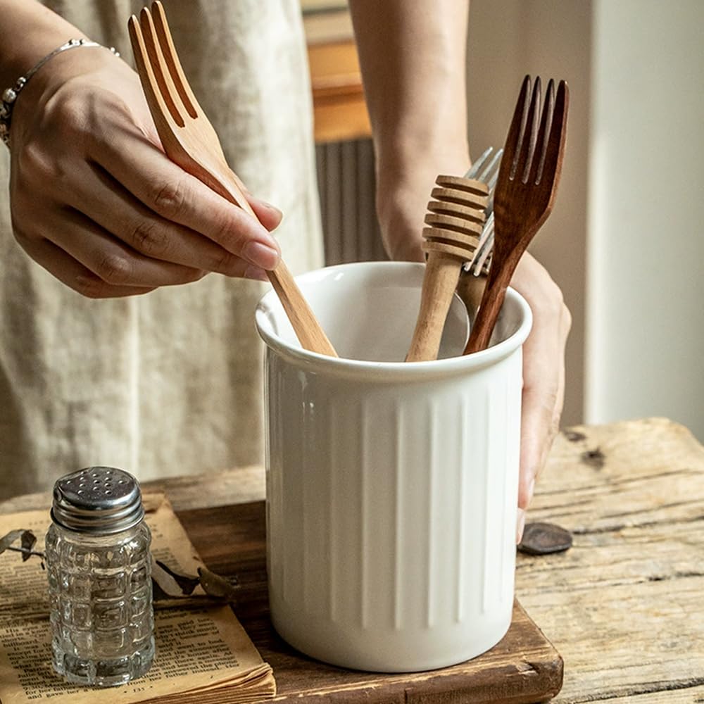 Küchenutensilienhalter Keramik für Küchentheke, Utensilienhalter Küche, Groß Küchenutensilienhalter, Relief Besteckhalter für Küche, Arbeitsplatte Aufbewahrung - 13,4 x 10.8 cm