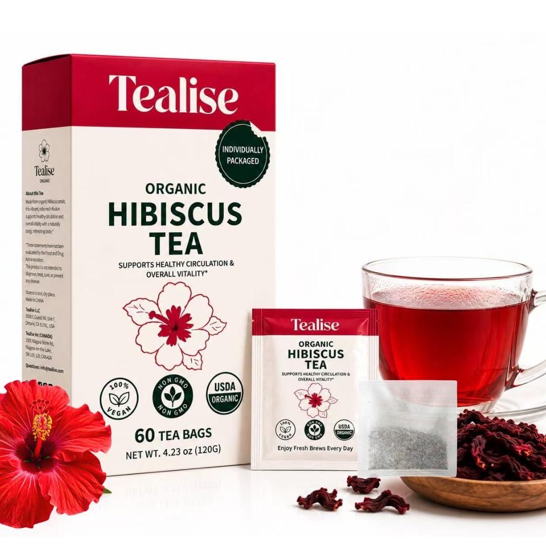 Tealise Organic Hibiscus Wellness Herbal Tea – 60 Individually Wrapped Tea Bags – USDA Organic, Caffeine Free Herbal Tea (Hibiscus)