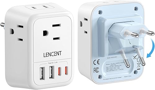 LENCENT Adaptador de enchufe de viaje europeo, adaptador de enchufe plegable de EE. UU. a Europa con 4 tomas, adaptador de cargador de 4 USB (2 USB