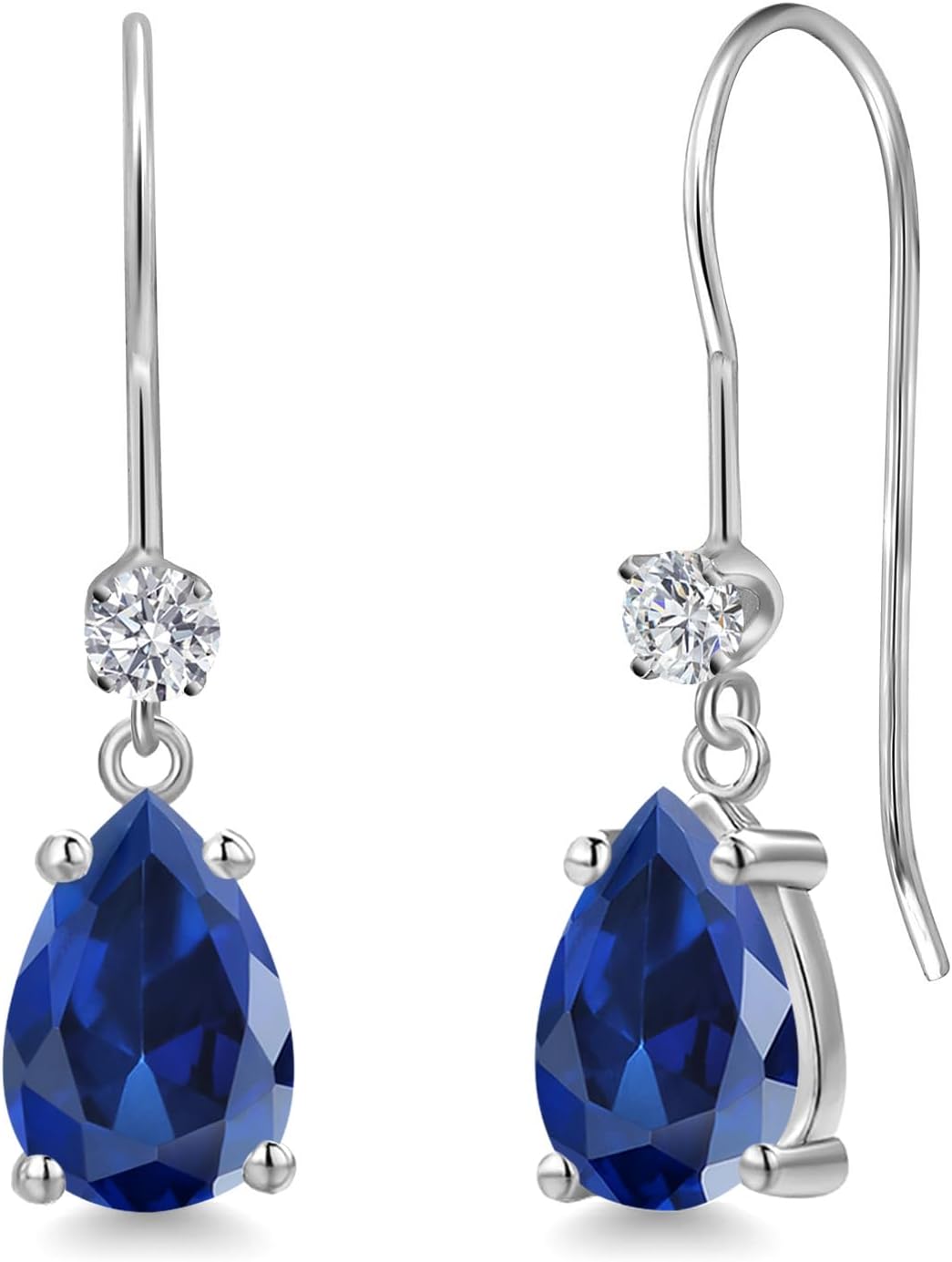 14K White Gold Blue Created Sapphire and Lab Grown Diamond Dangle Earrings for Women | 2.35 Cttw | Gemstone September Birthstone | Pear Shape 8X5MM