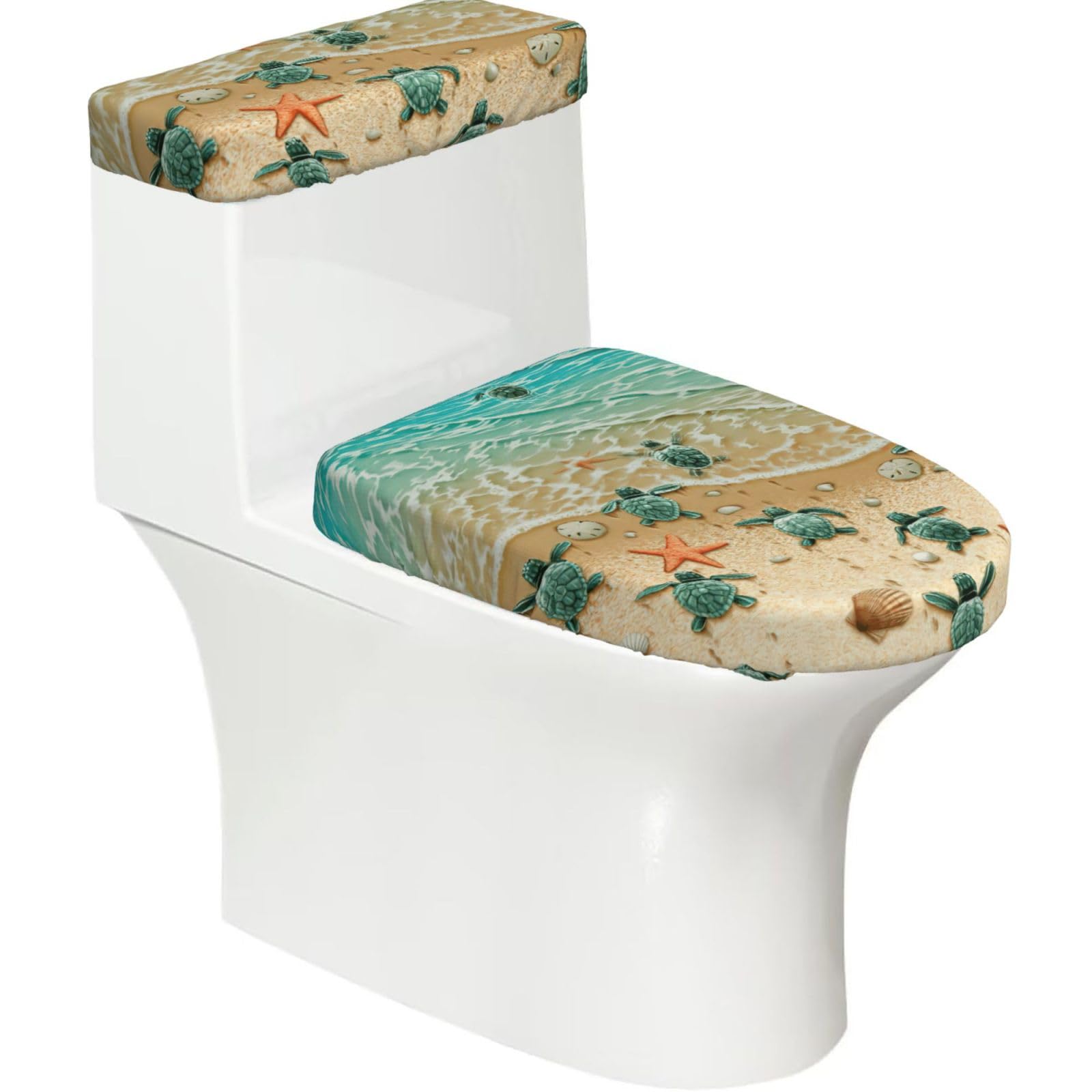 Turtle Starfish Print Bathroom Decor Toilet Lid Cover And Tank Covers, Restroom Accessories Fits Most Round